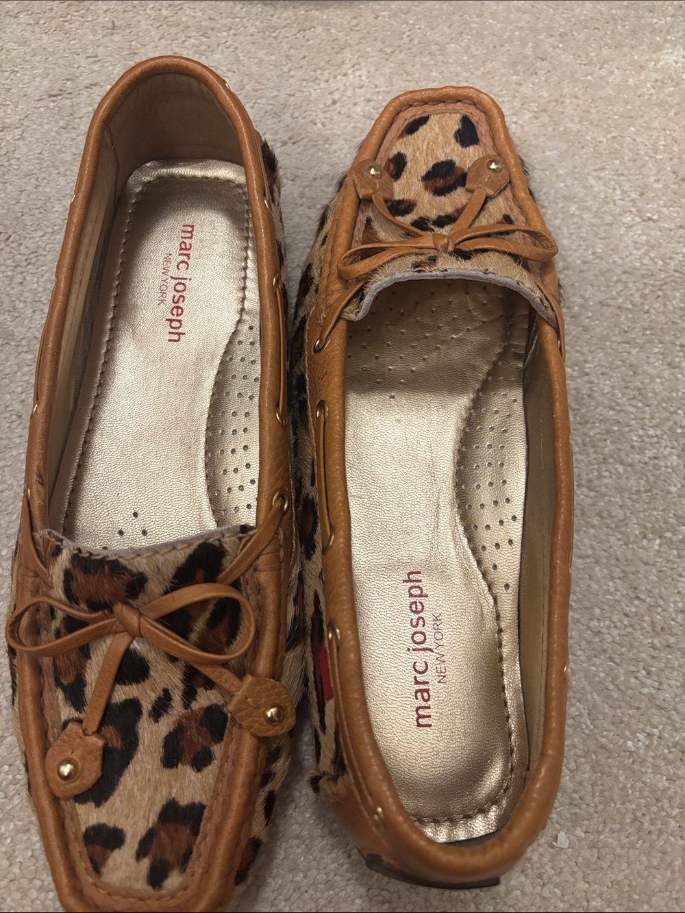 Marc Joseph Tan Leather Moccasins with Leopard Haircalf Accents